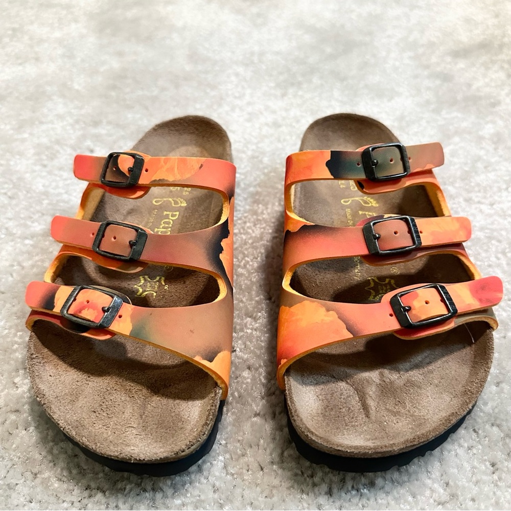 Birkenstock Papillio Florida Leather Sandals Orange Floral Design Size 35 W4-4.5